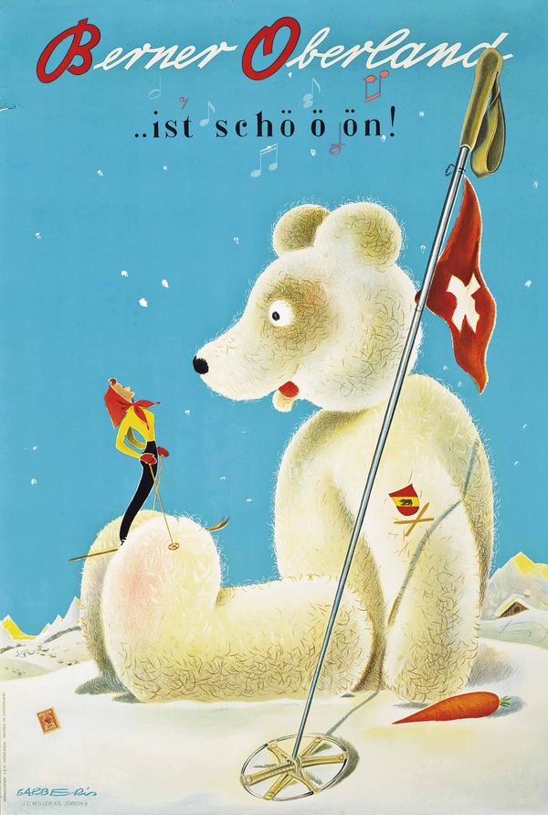 Retro síelés plakát - Berner Oberland, Svájc, fehér maci, síbot    Gyerekeknek, Sport, horgászat, Utazás
